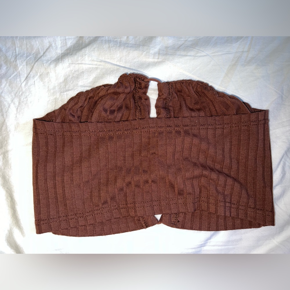 Woman’s small brown tube top with cross cross open in the front - Picture 2 of 3